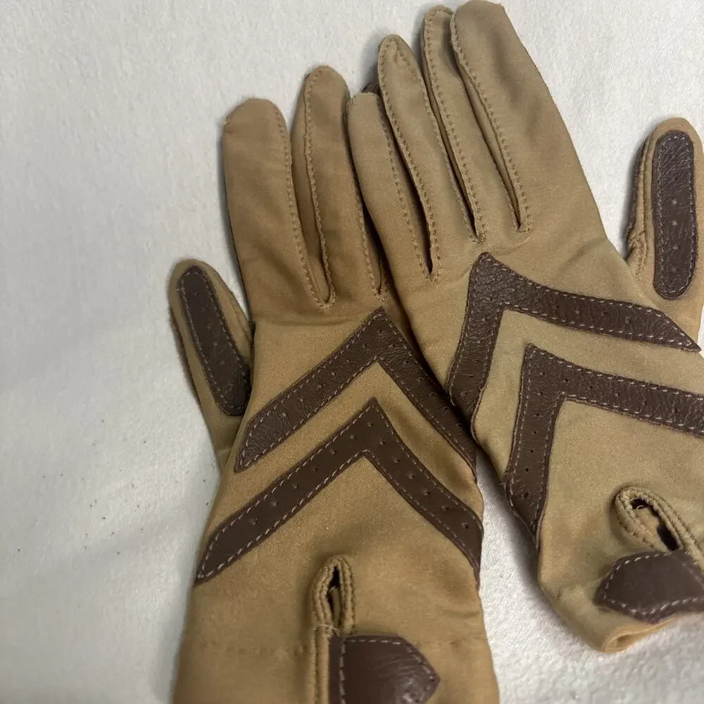 Vintage Aris Isotoner Gloves One Size Strtch Camel Brown Antron Nylon Leather - Picture 2 of 6